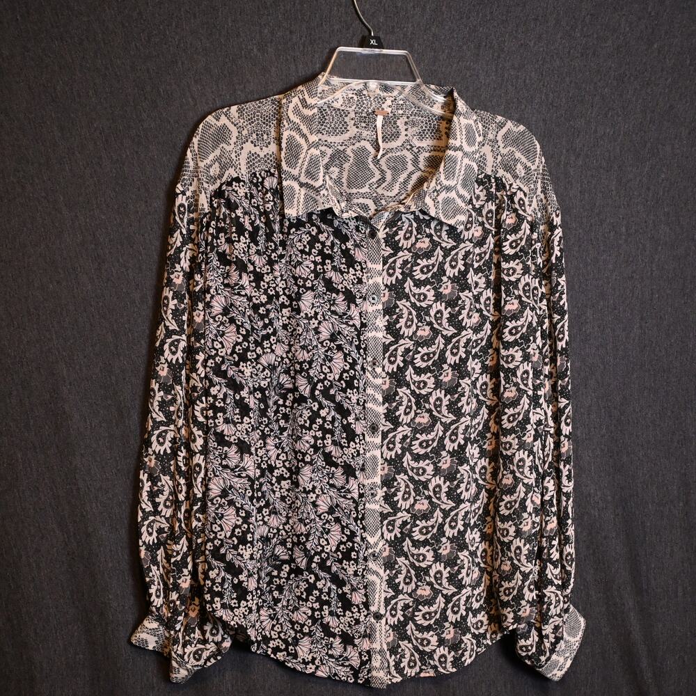 Free People Women's L Dani Long-Sleeve Button-Up Blouse Floral/Snakeskin Pattern